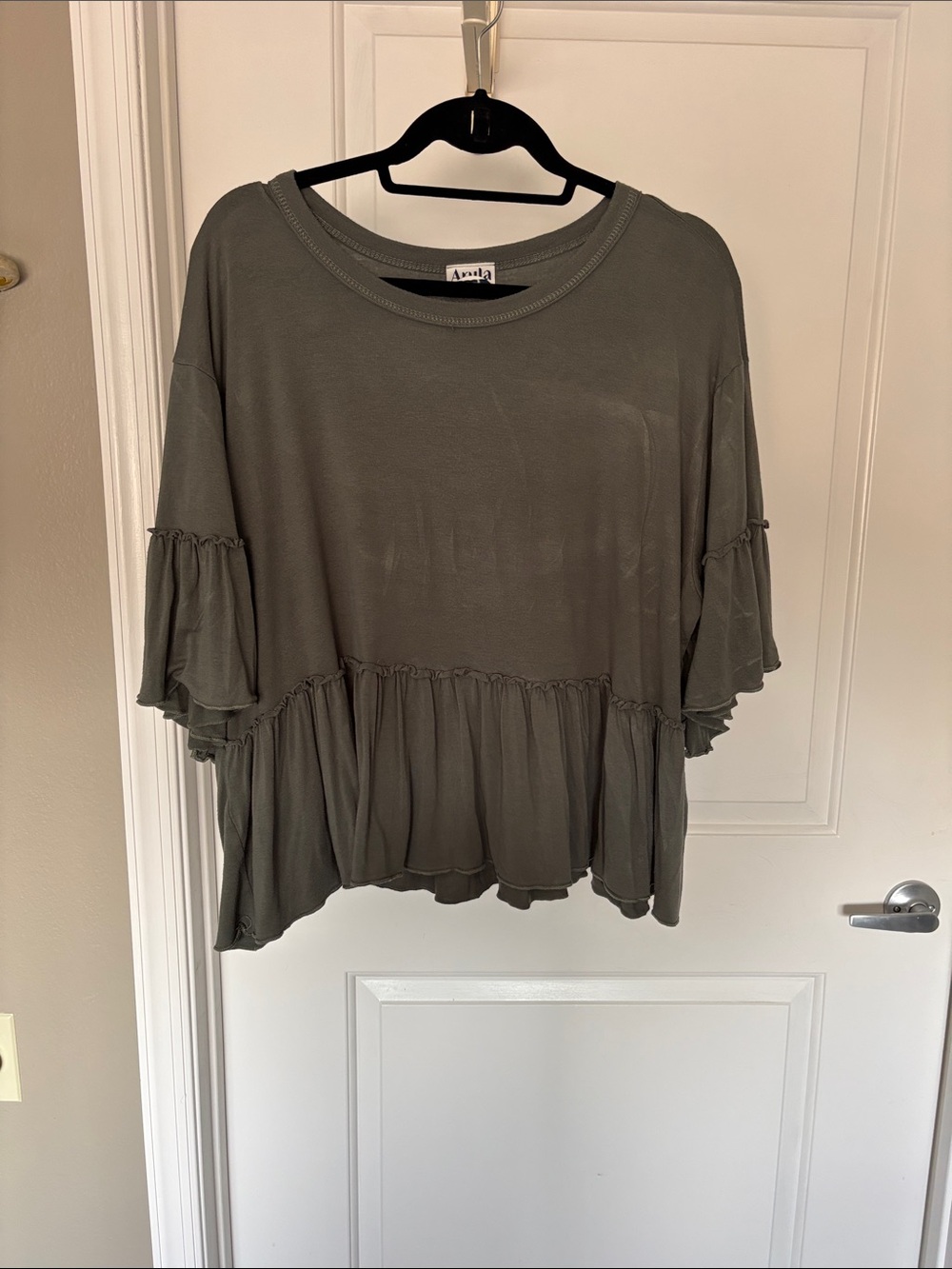 Arula Olive Tiered Ruffle Sleeve Women's Top